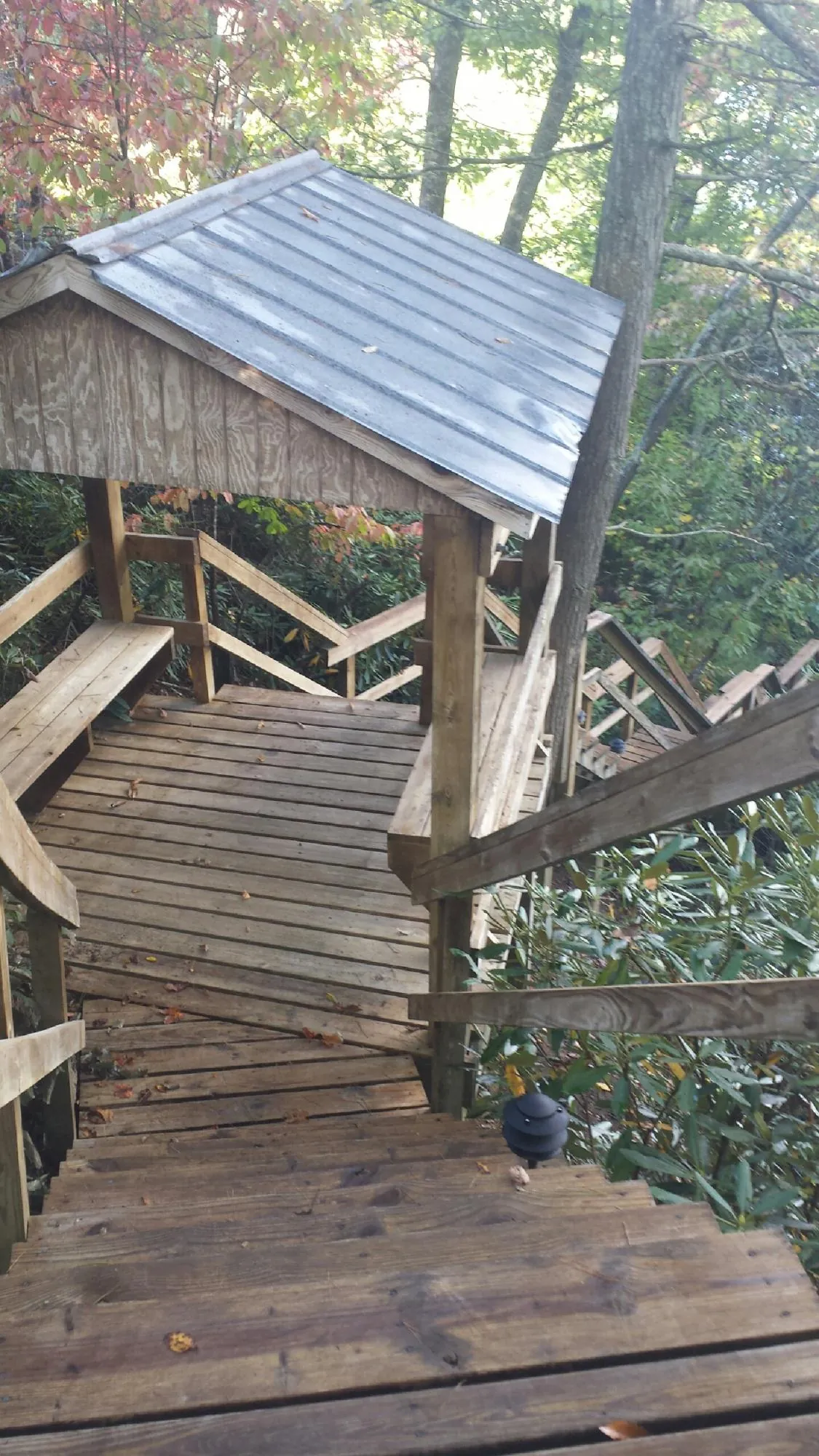 Metal roofed shelter over wooden steps on a wooded walkway — Skylight Repair & Installation work by our crew in Chataignier